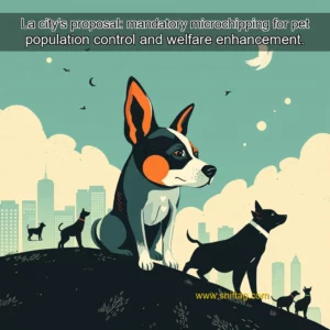 Artistic representation for La city's proposal: mandatory microchipping for pet population control and welfare enhancement.