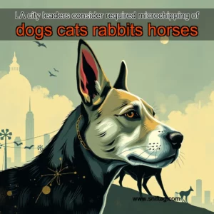 Artistic representation for LA city leaders consider required microchipping of dogs cats rabbits horses