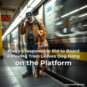 Artistic representation for Man's Irresponsible Bid to Board a Moving Train Leaves Dog Hang on the Platform